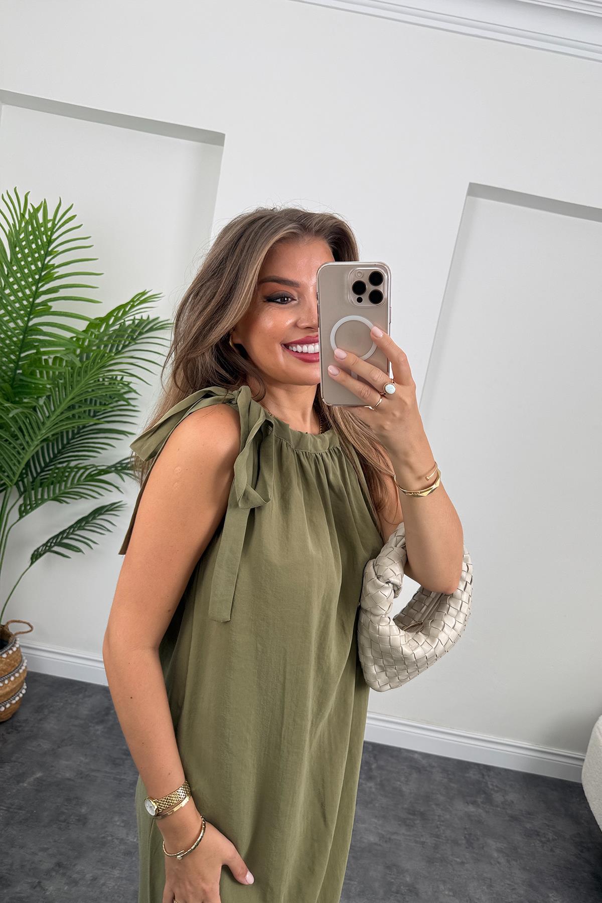 Premium Seri Tensel Moda Kumaş Omuzu Bağlamalı Maxi Elbise Haki