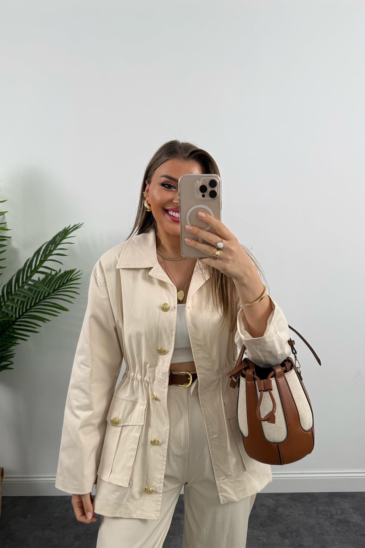 Premium Seri Trençkot Kemerli Pantolon Takım Taş