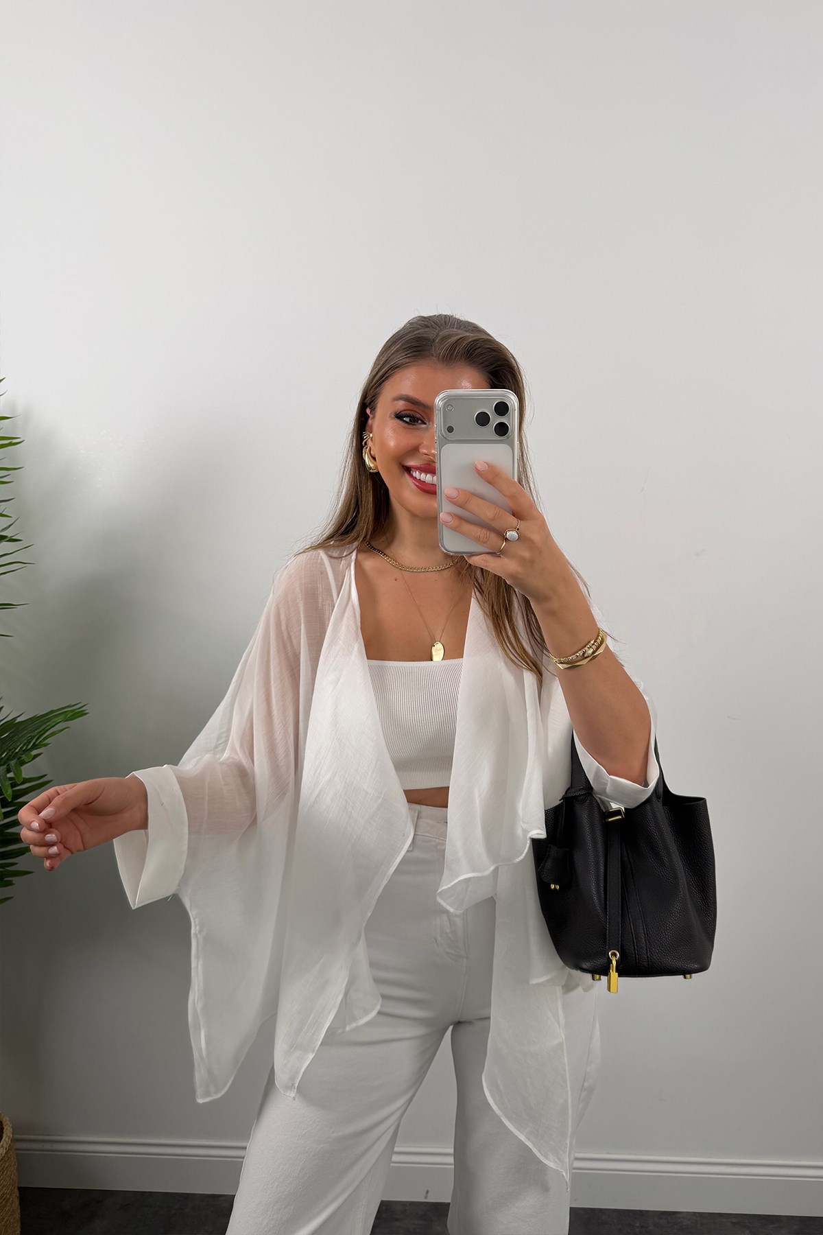 Premium Seri Uçuşan Kumaş Tensel Pelerin Bluz Beyaz