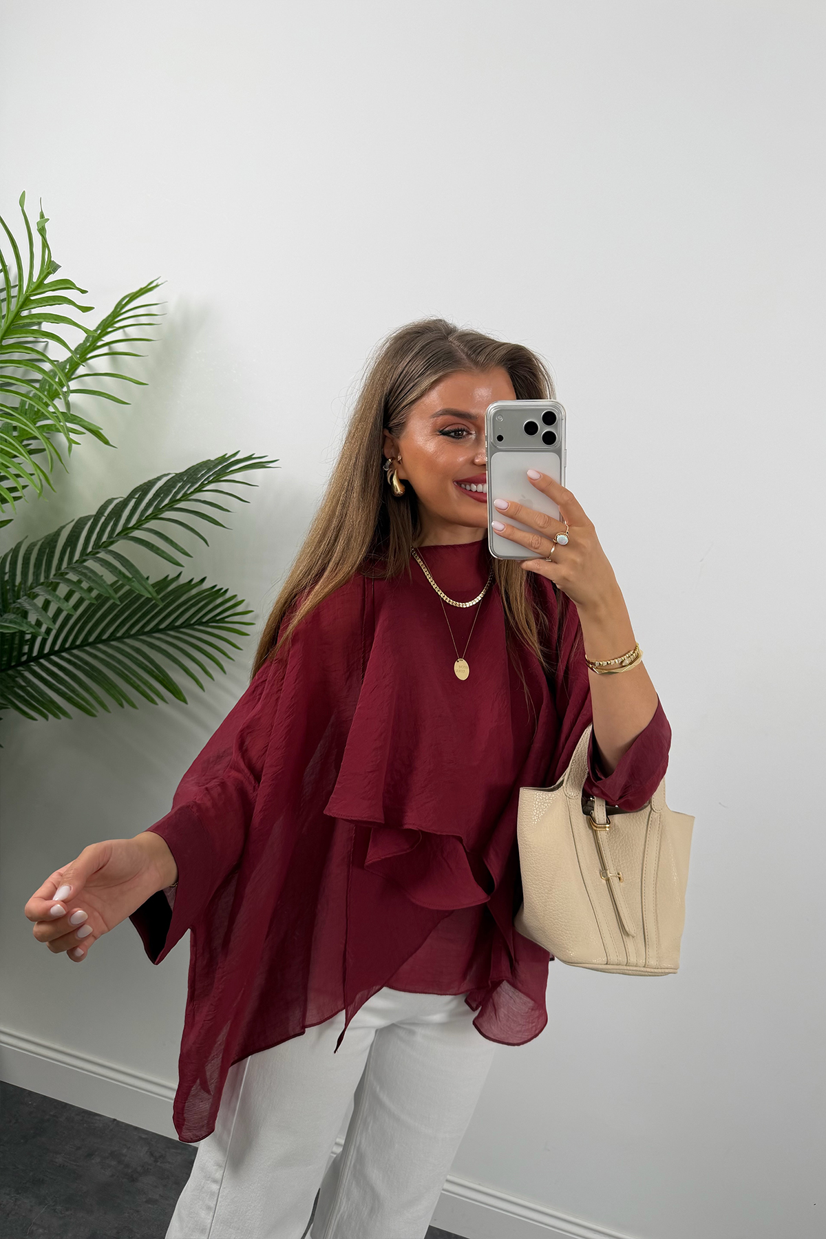 Premium Seri Uçuşan Kumaş Tensel Pelerin Bluz Bordo