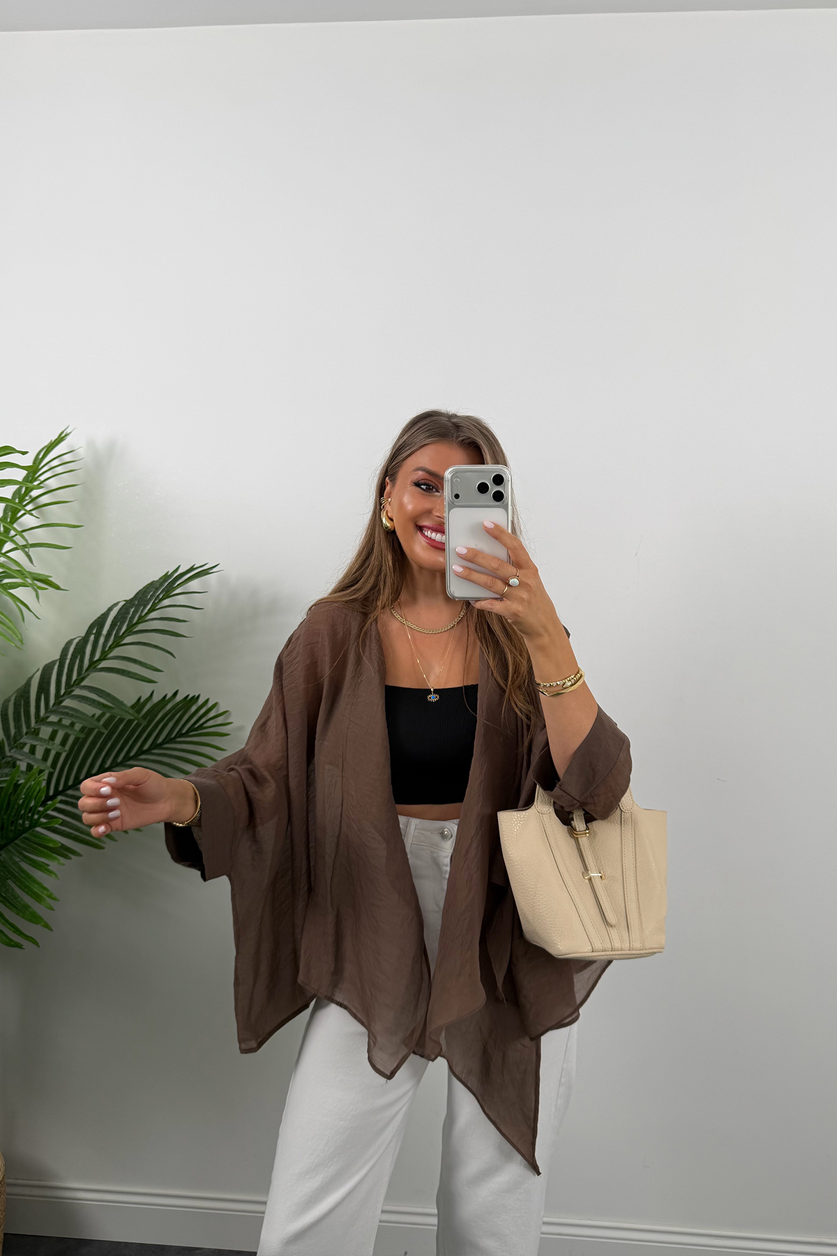 Premium Seri Uçuşan Kumaş Tensel Pelerin Bluz Acı Kahve