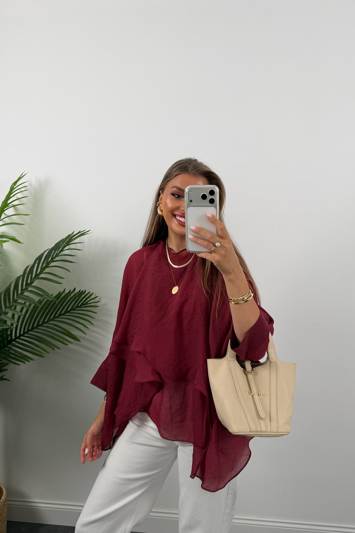 Premium Seri Uçuşan Kumaş Tensel Pelerin Bluz Bordo