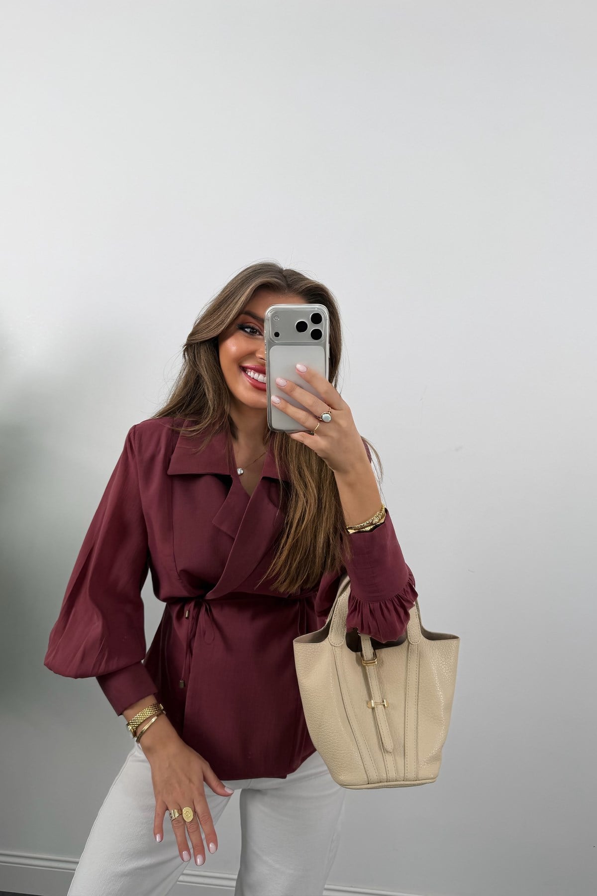Premium Seri Vatkalı Kruvaze Tensel Bluz Bordo