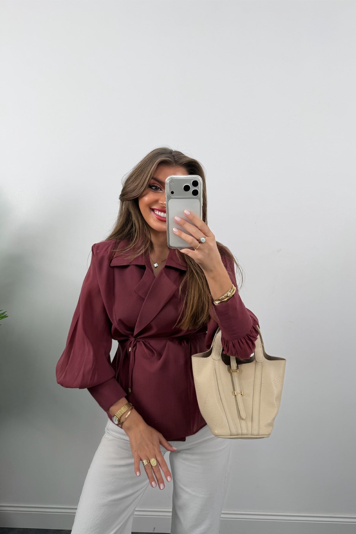 Premium Seri Vatkalı Kruvaze Tensel Bluz Bordo