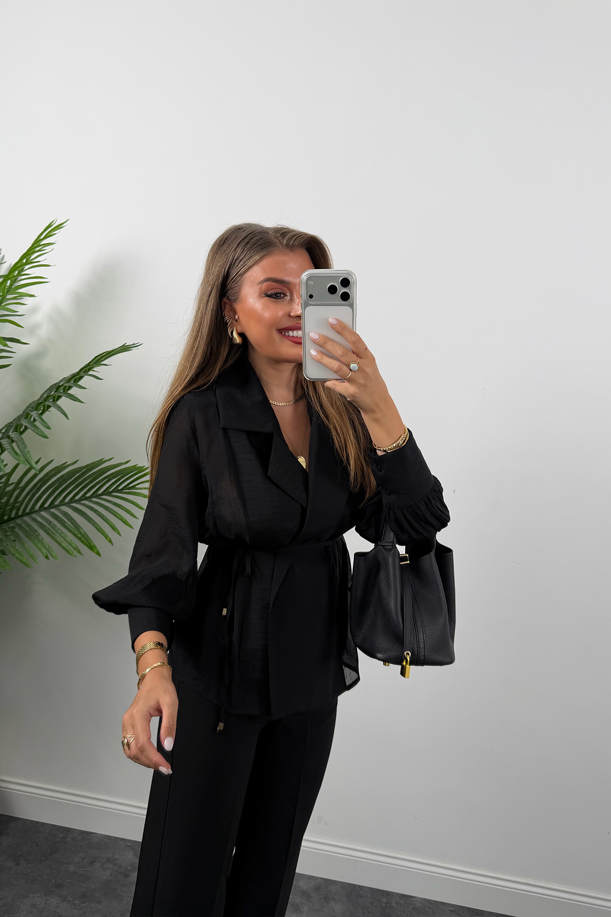 Premium Seri Vatkalı Kruvaze Tensel Bluz Siyah