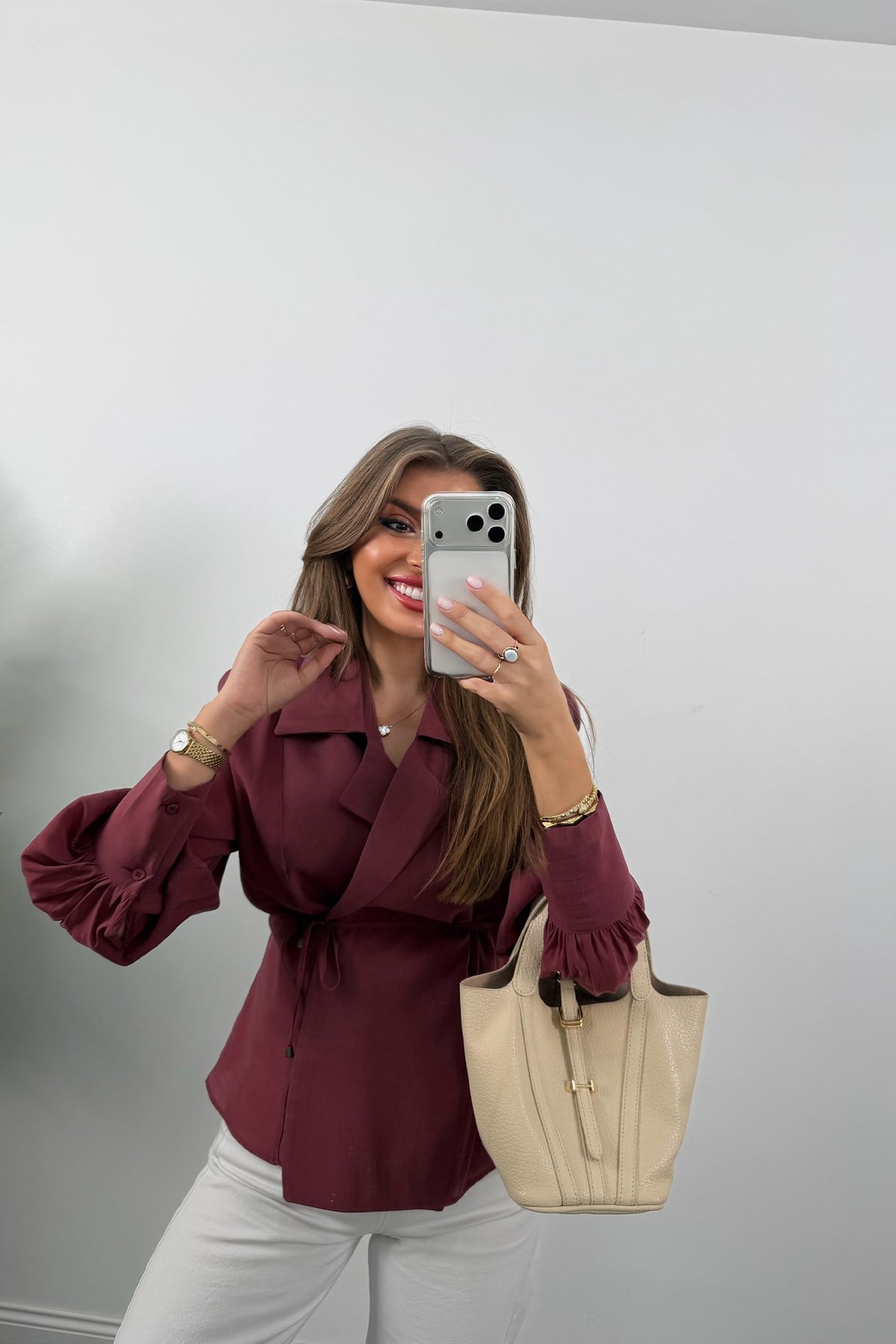 Premium Seri Vatkalı Kruvaze Tensel Bluz Bordo