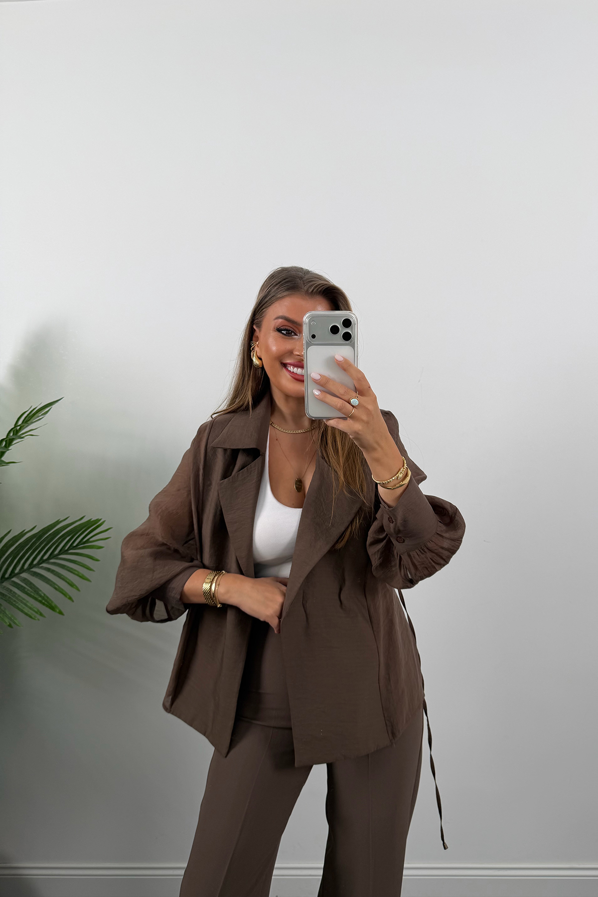 Premium Seri Vatkalı Kruvaze Tensel Bluz Kahverengi