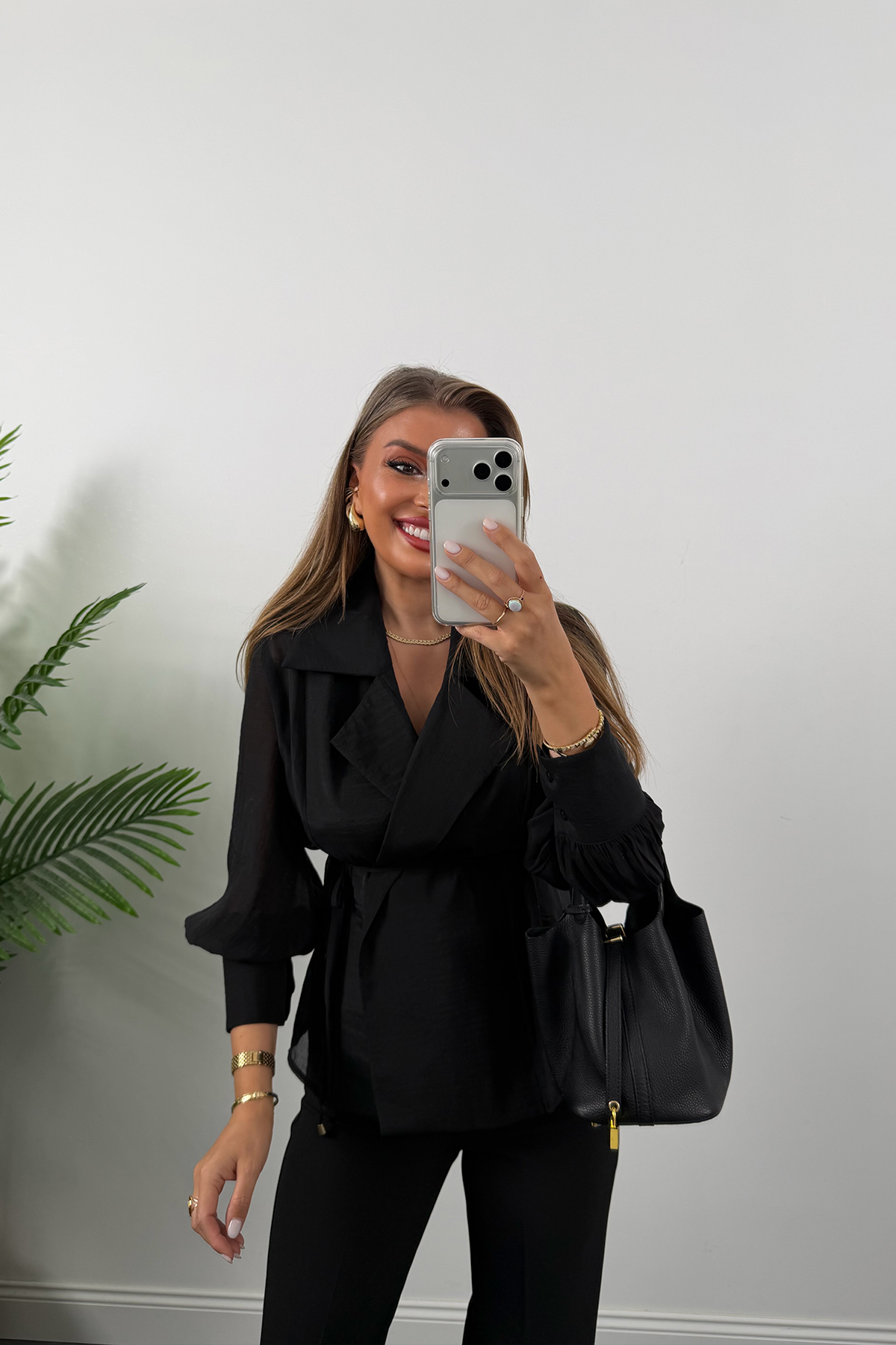 Premium Seri Vatkalı Kruvaze Tensel Bluz Siyah