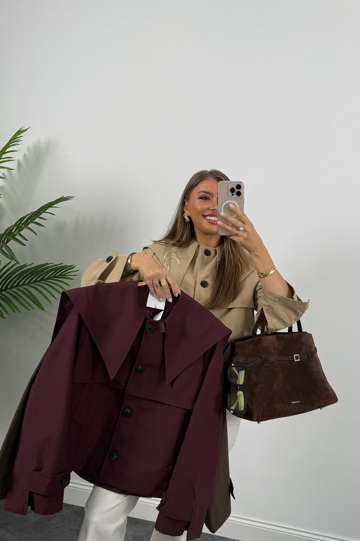 Premium Seri Yaka Detaylı Kısa Trençkot Acı Kahve