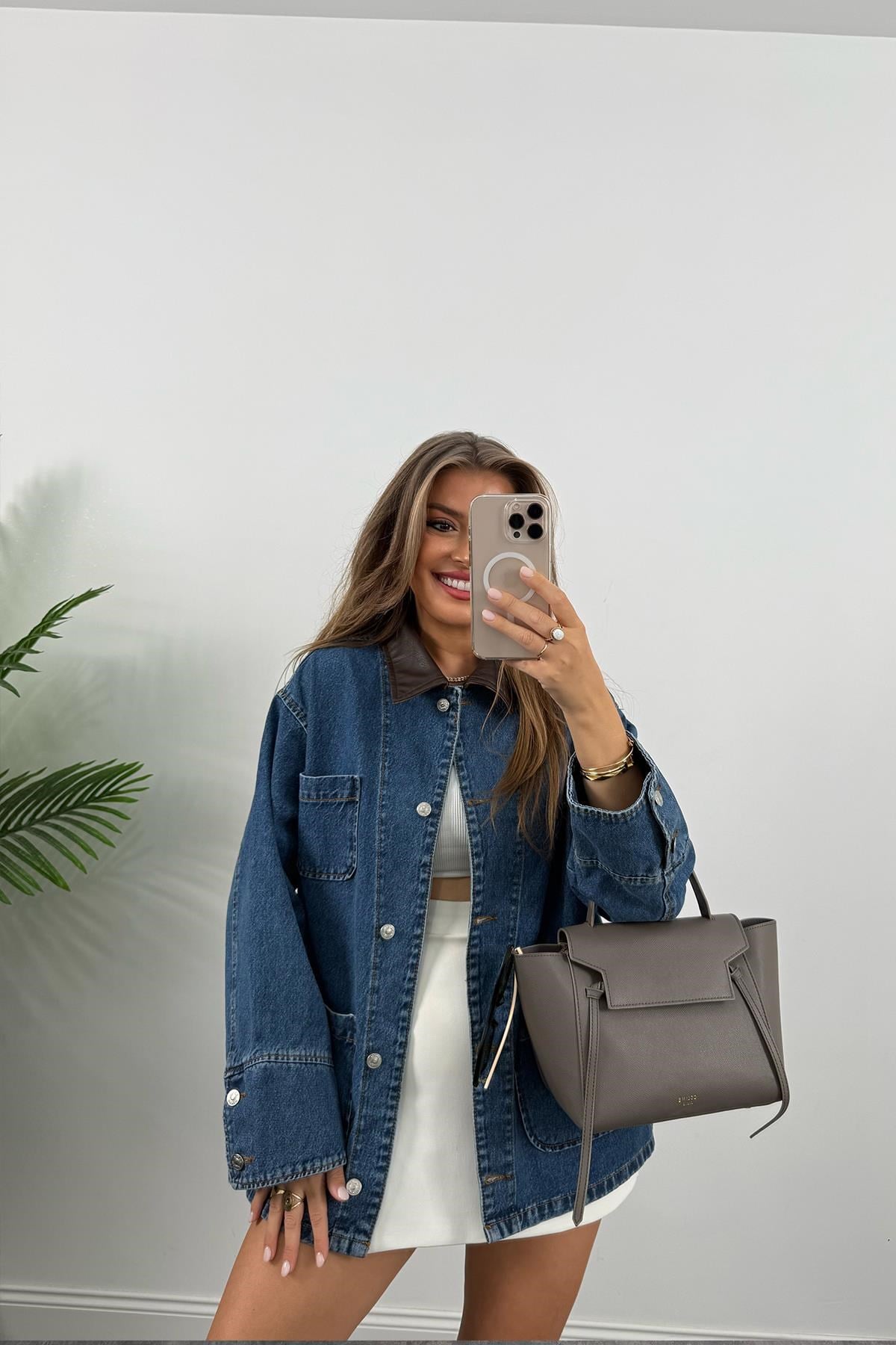 Premium Seri Yakası Deri Tasarım Jean Ceket 