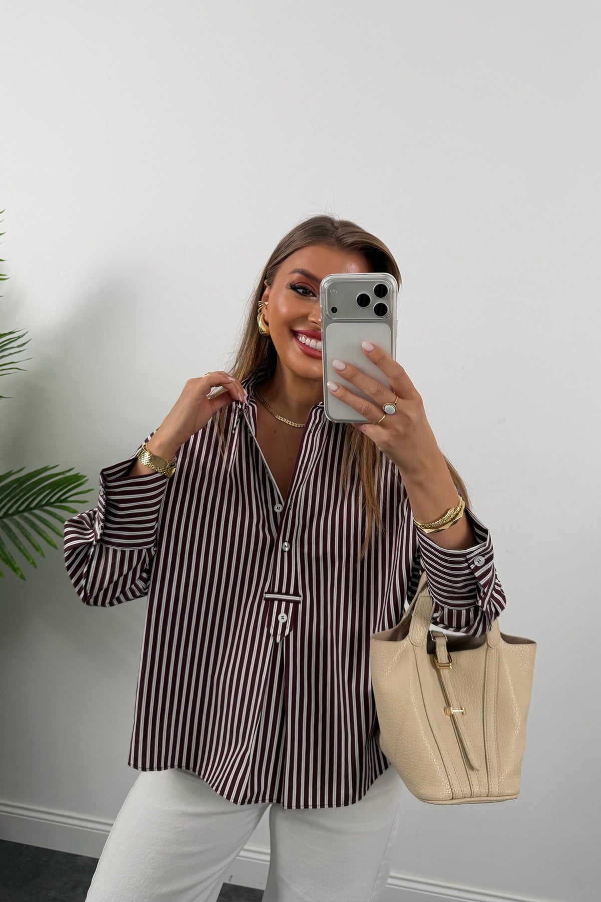 Premium Seri Yakası Patlı Çizgili Gömlek Bordo