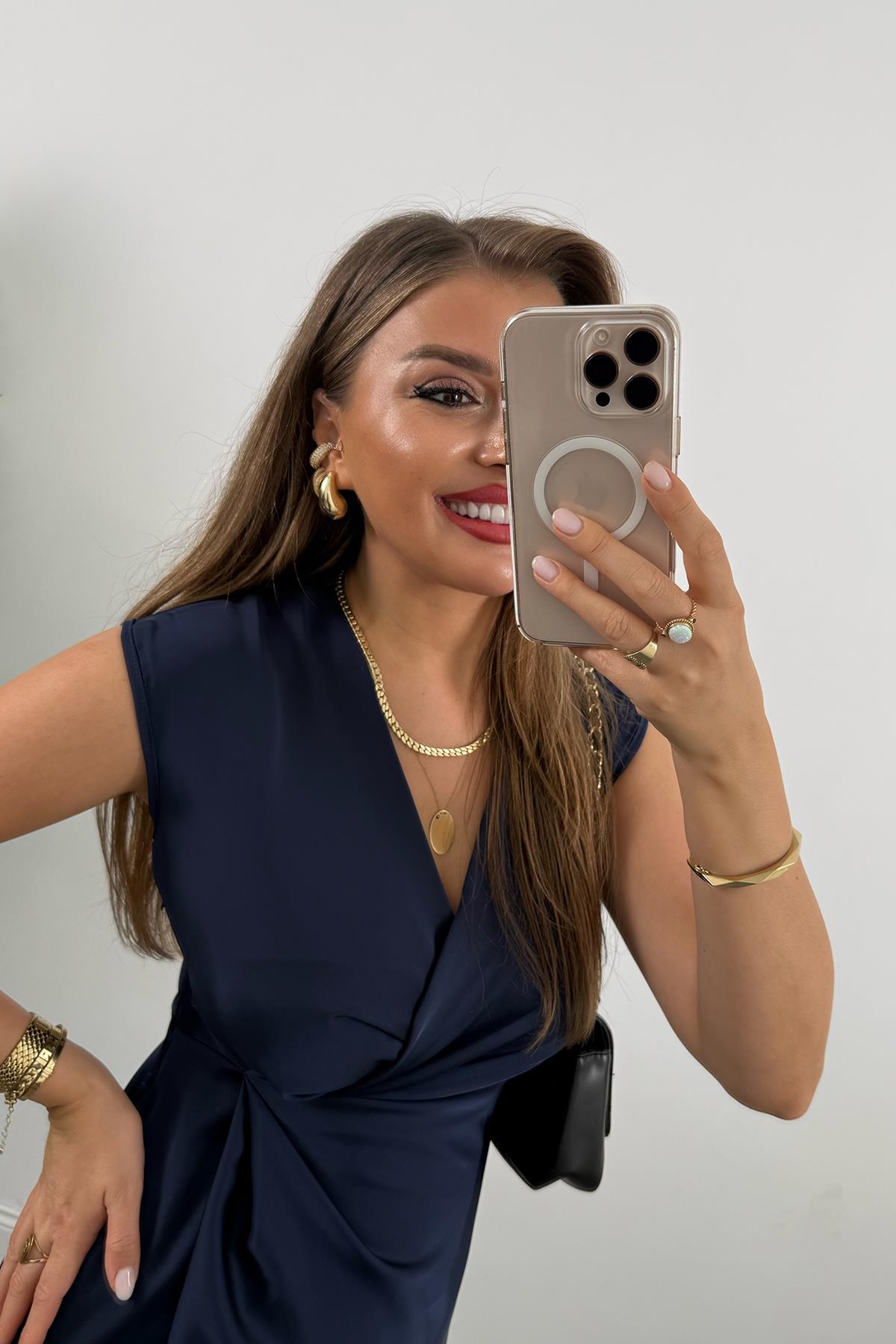 Premium Seri Yandan Drapeli Kruvaze Elbise Lacivert