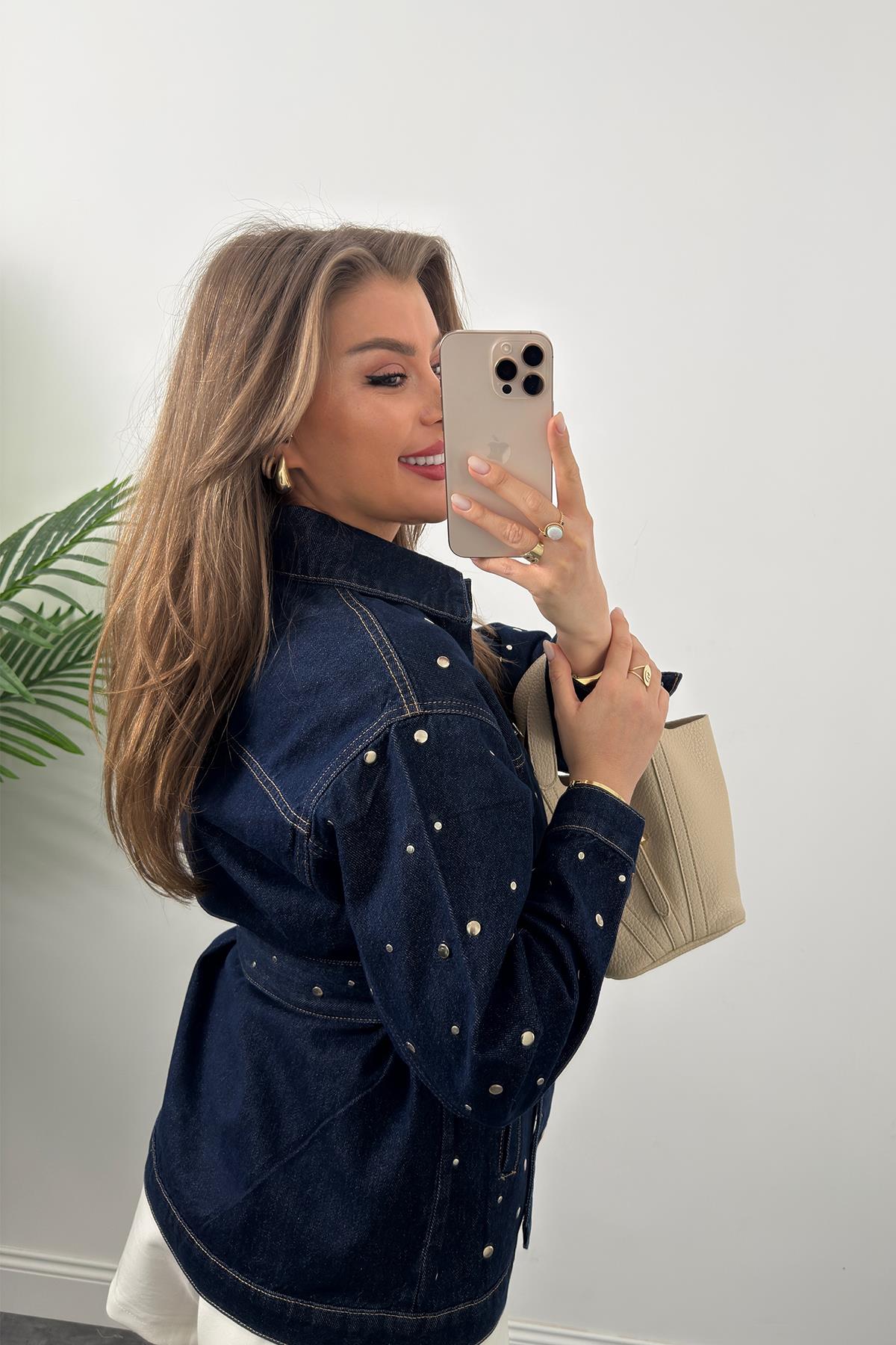 Premium Seri Zımbalı Kuşaklı Tasarım Jean Ceket