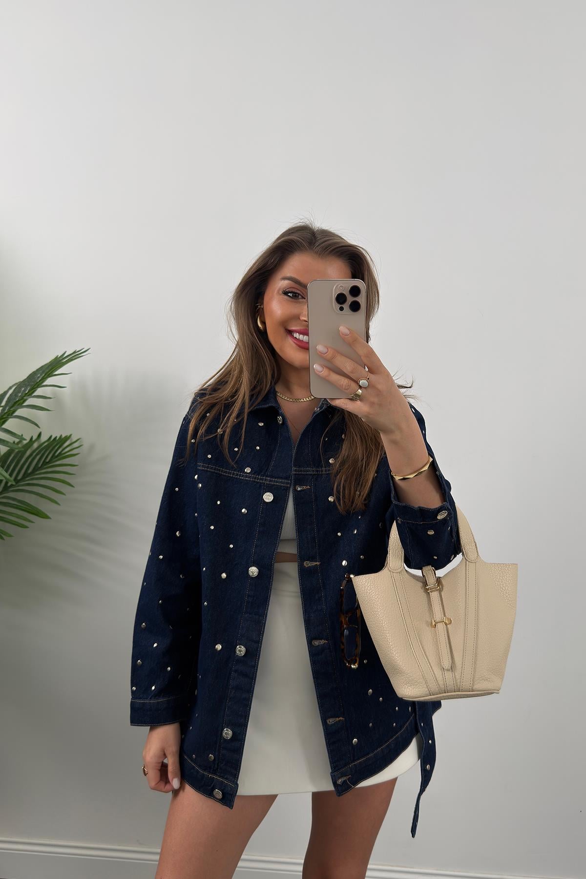 Premium Seri Zımbalı Kuşaklı Tasarım Jean Ceket