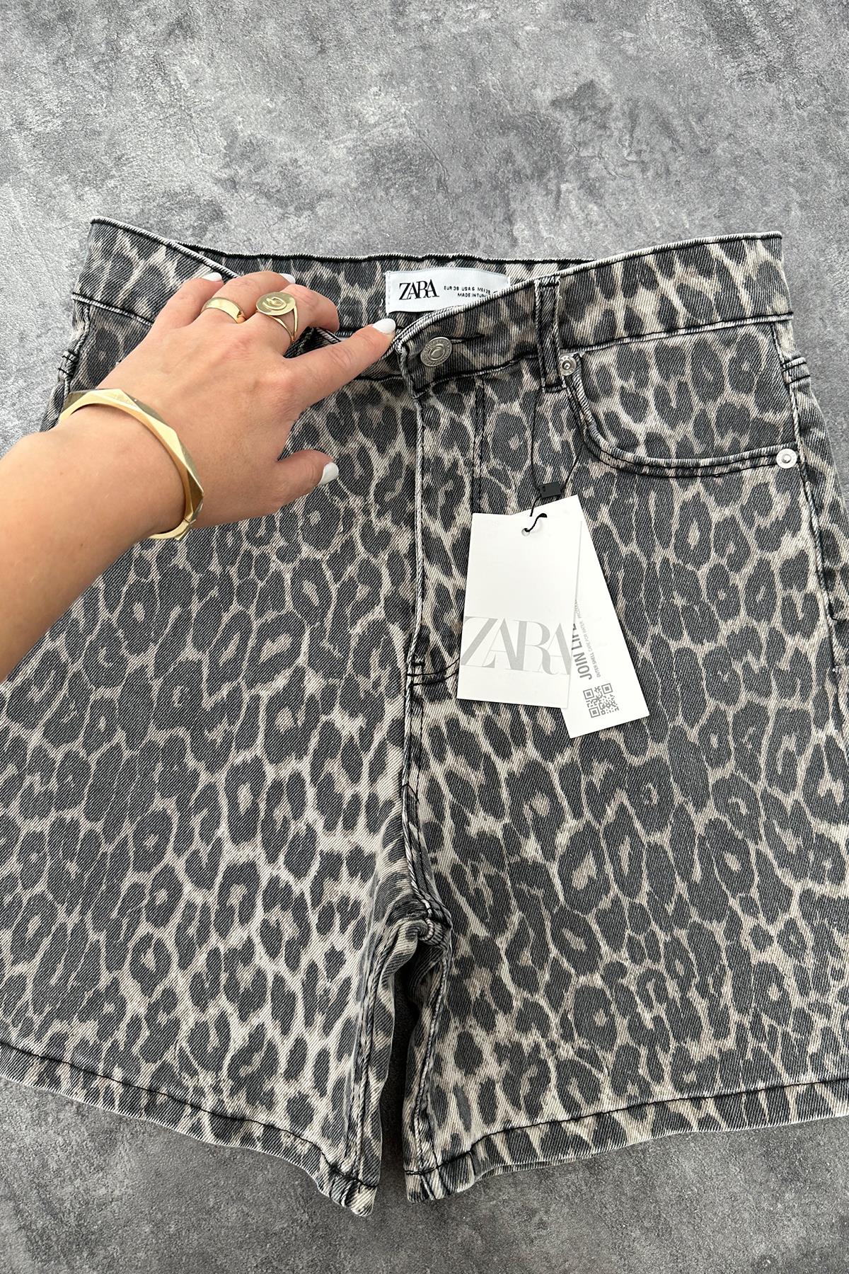 Şehir Boy Premium Seri Likralı  Boyfit Jean Şort Soluk Efekt Leopar