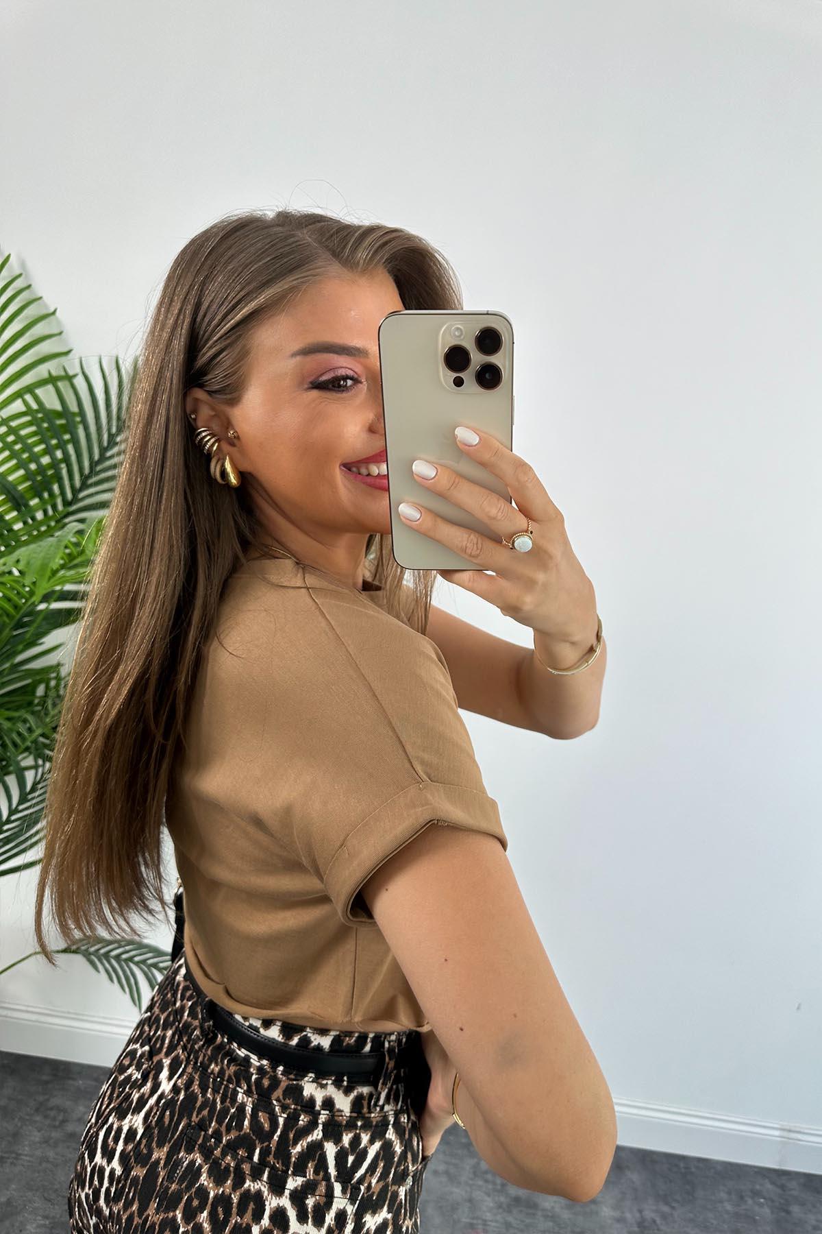 T Kol Özel Kumaş Tam Pamuklu Premium Basic Tshirt Camel