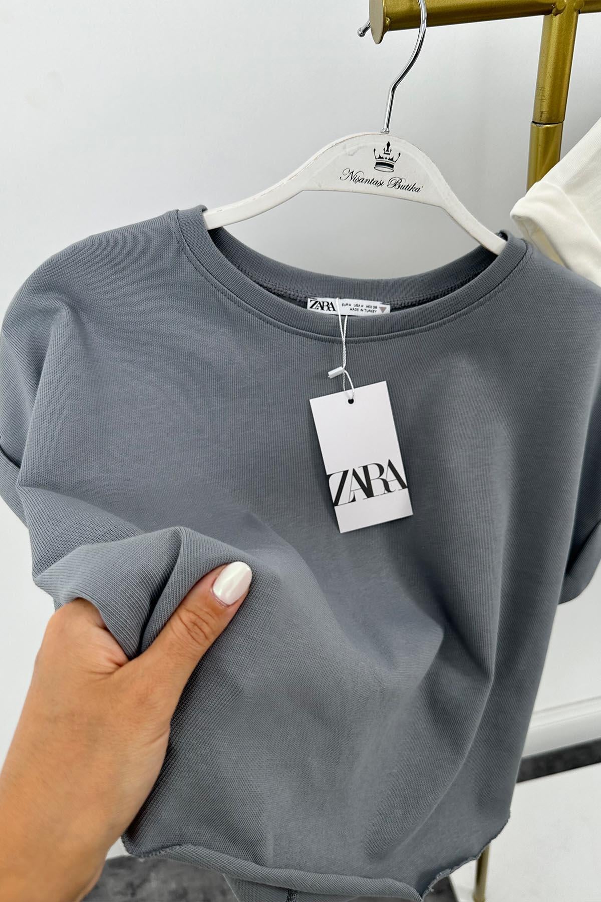 T Kol Özel Kumaş Tam Pamuklu Premium Basic Tshirt Gri