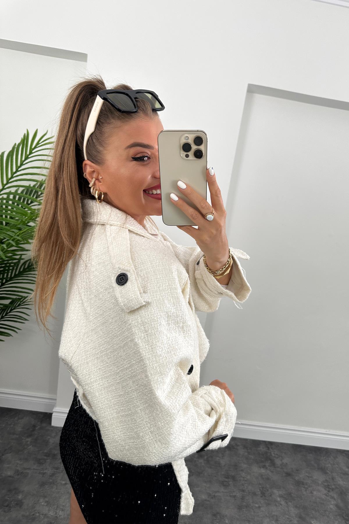 Tüvit Biker Ceket Ekru