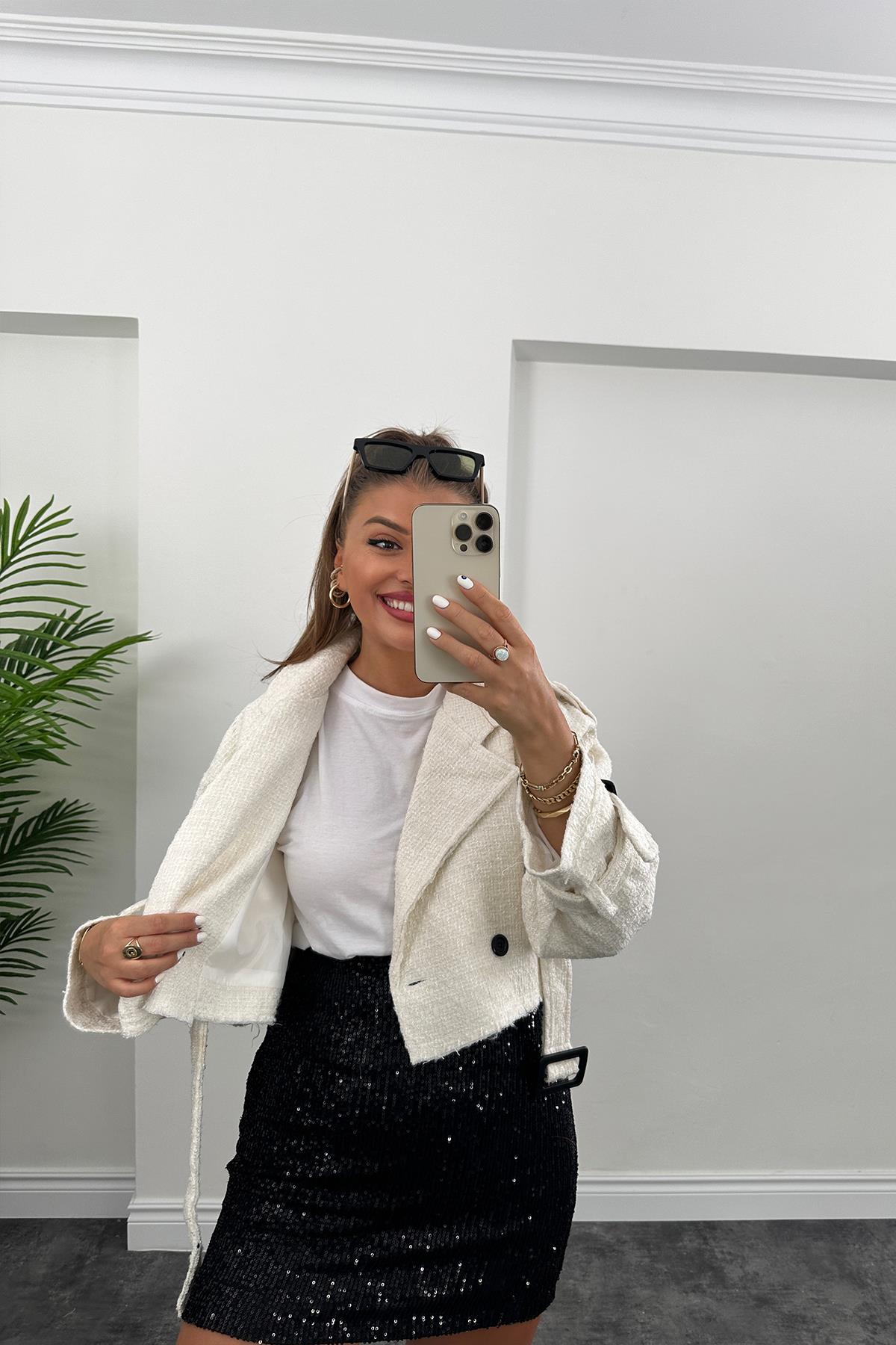 Tüvit Biker Ceket Ekru