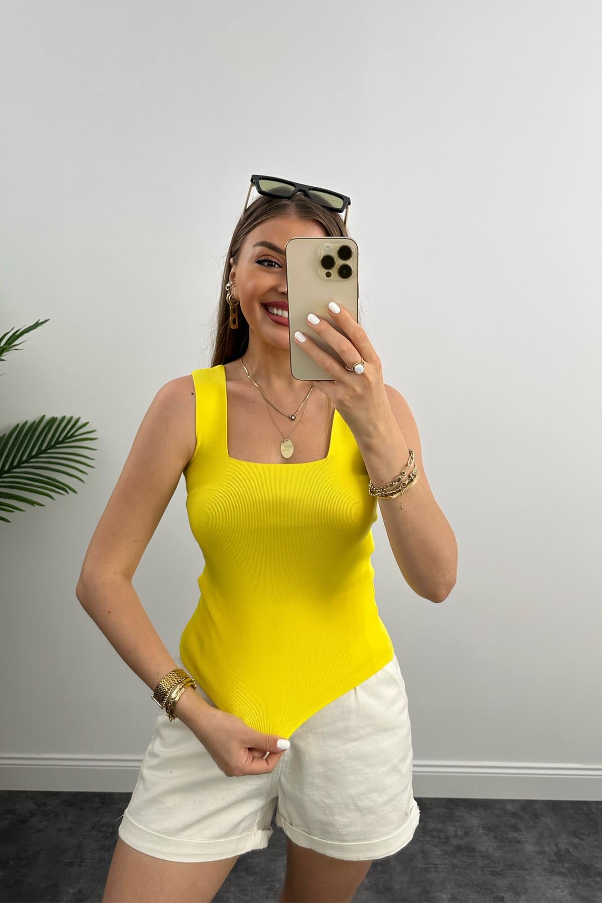 Uzun Boy Elit Triko Kare Yaka Likralı Atlet Neon Sarı