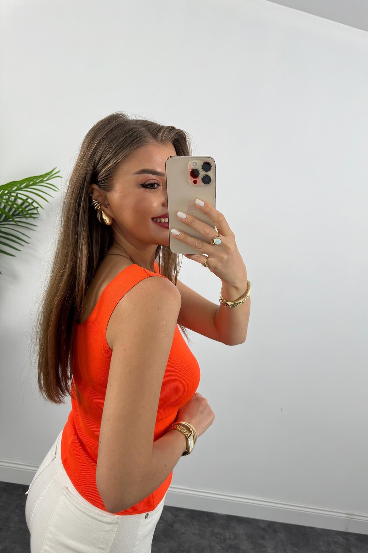 Uzun Boy Elit Triko Kare Yaka Likralı Atlet Oranj