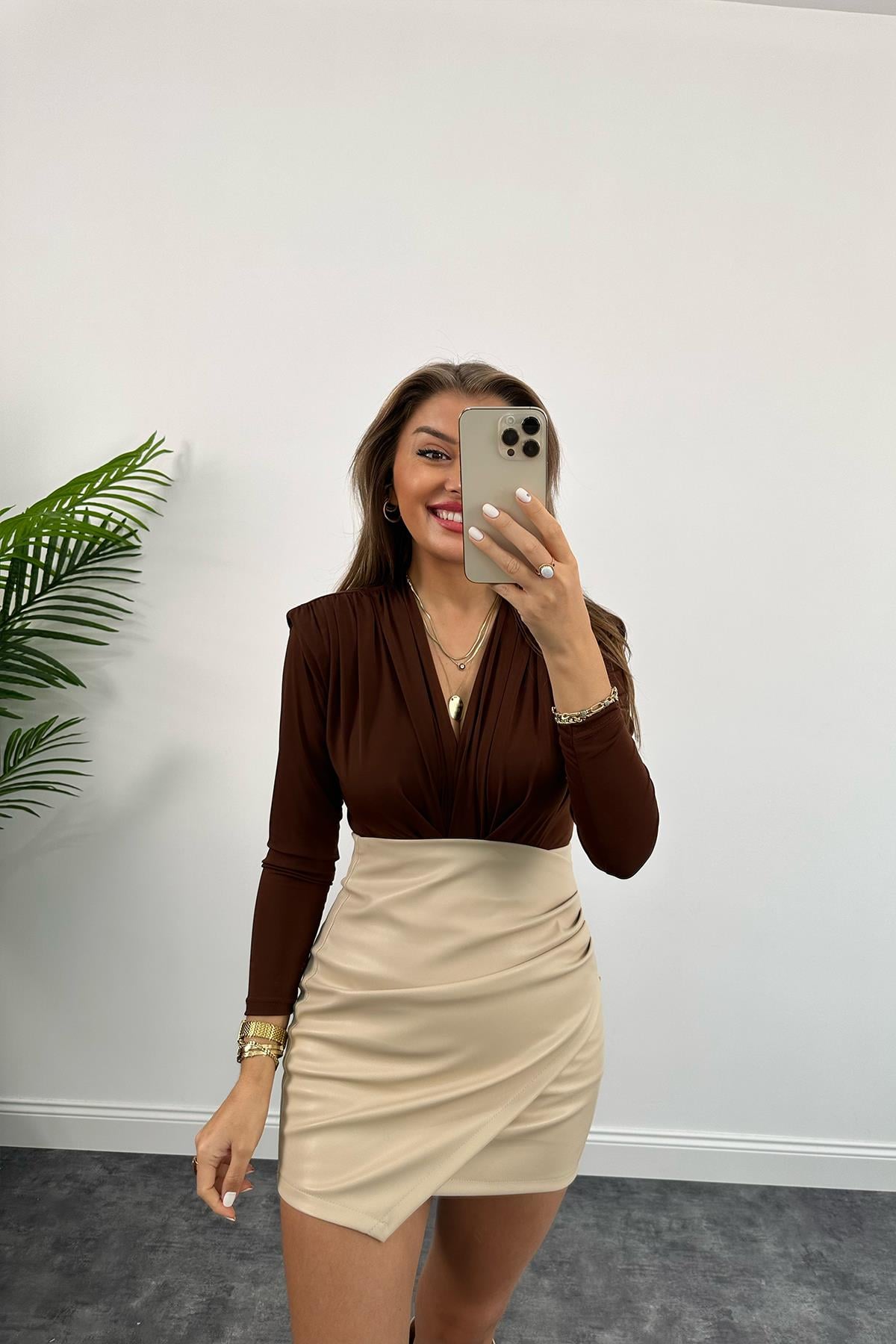 Vatkalı Likralı Bodysuit Kahverengi