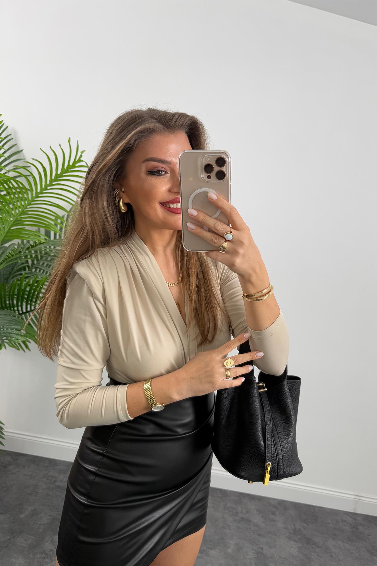 Vatkalı Likralı Bodysuit Taş