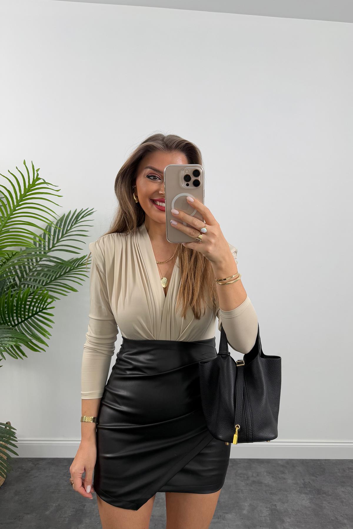 Vatkalı Likralı Bodysuit Taş