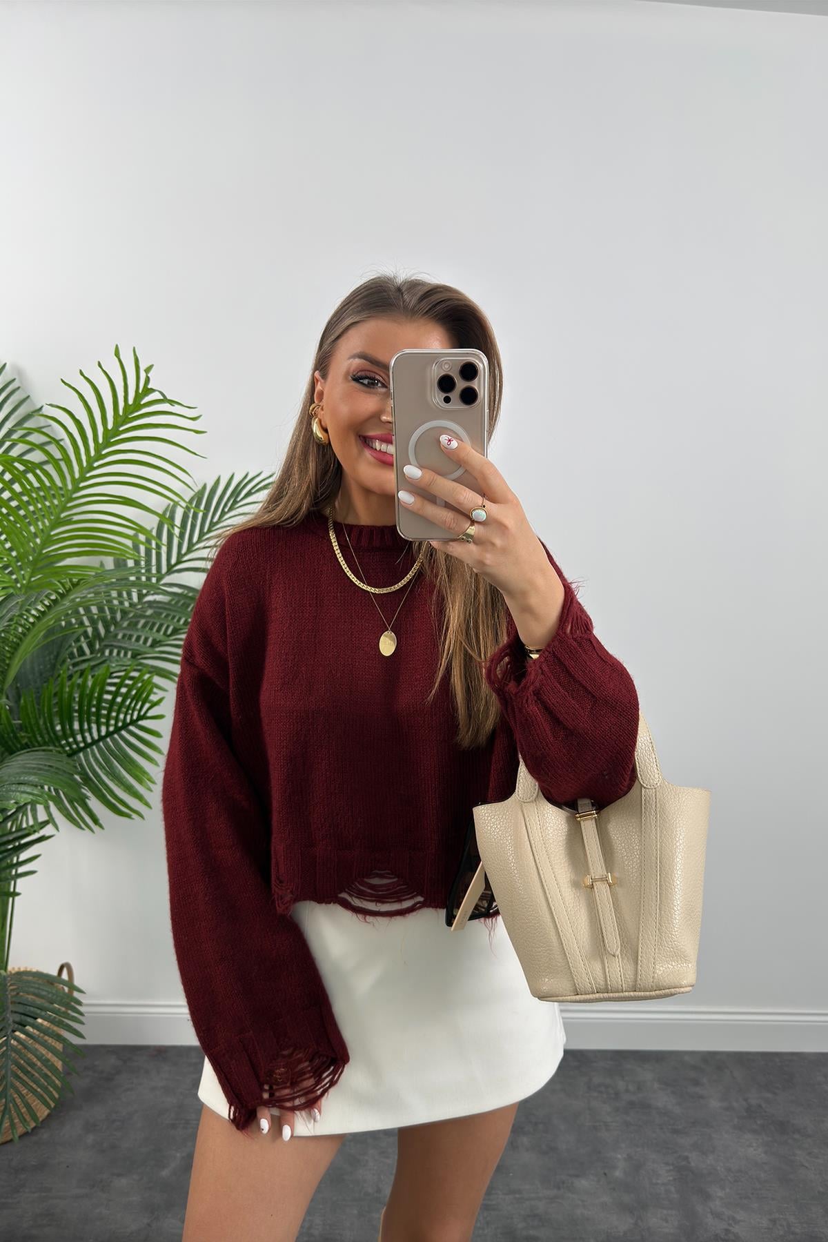 Yırtık Tasarımlı Yumoş Basic Kazak Bordo