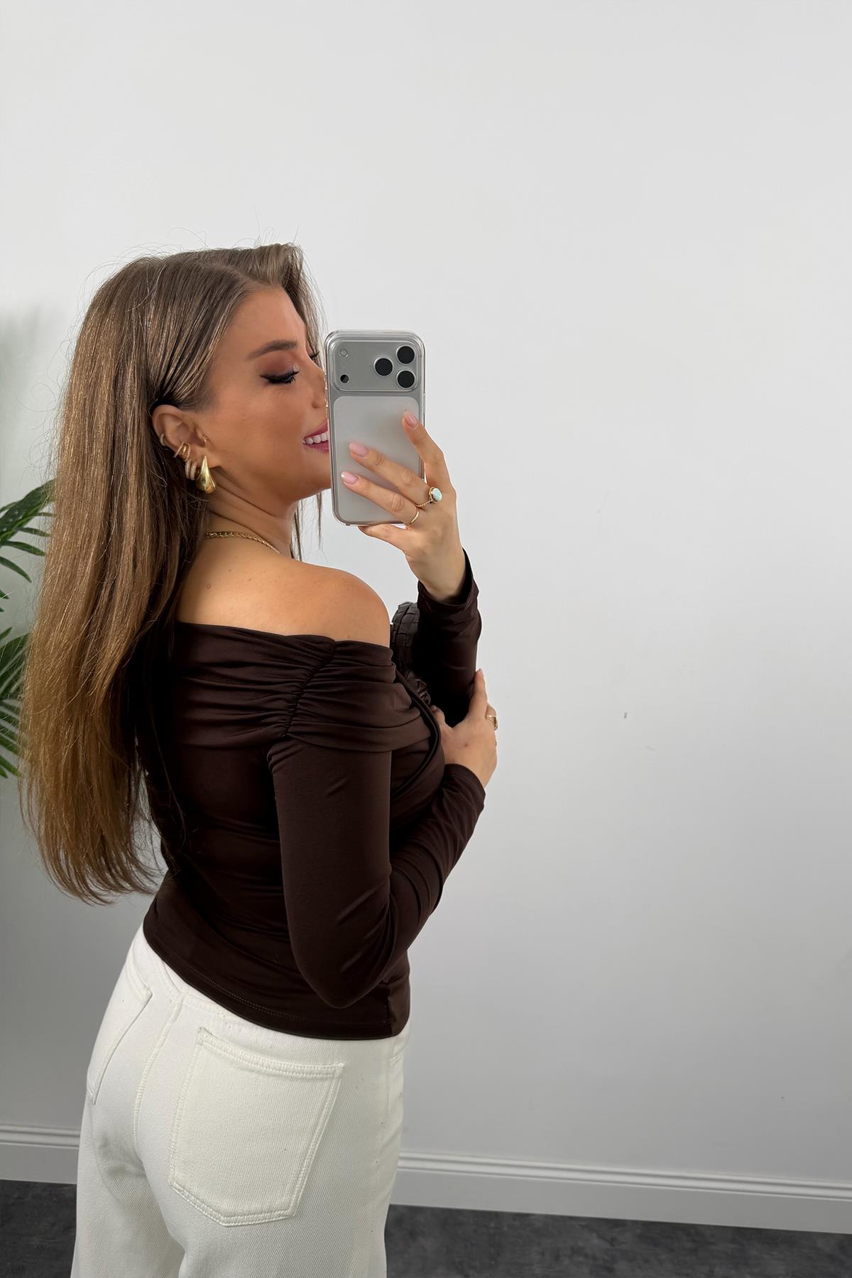 Zra Model Çapraz Yaka Likralı Sanddy Bluz Acı Kahve