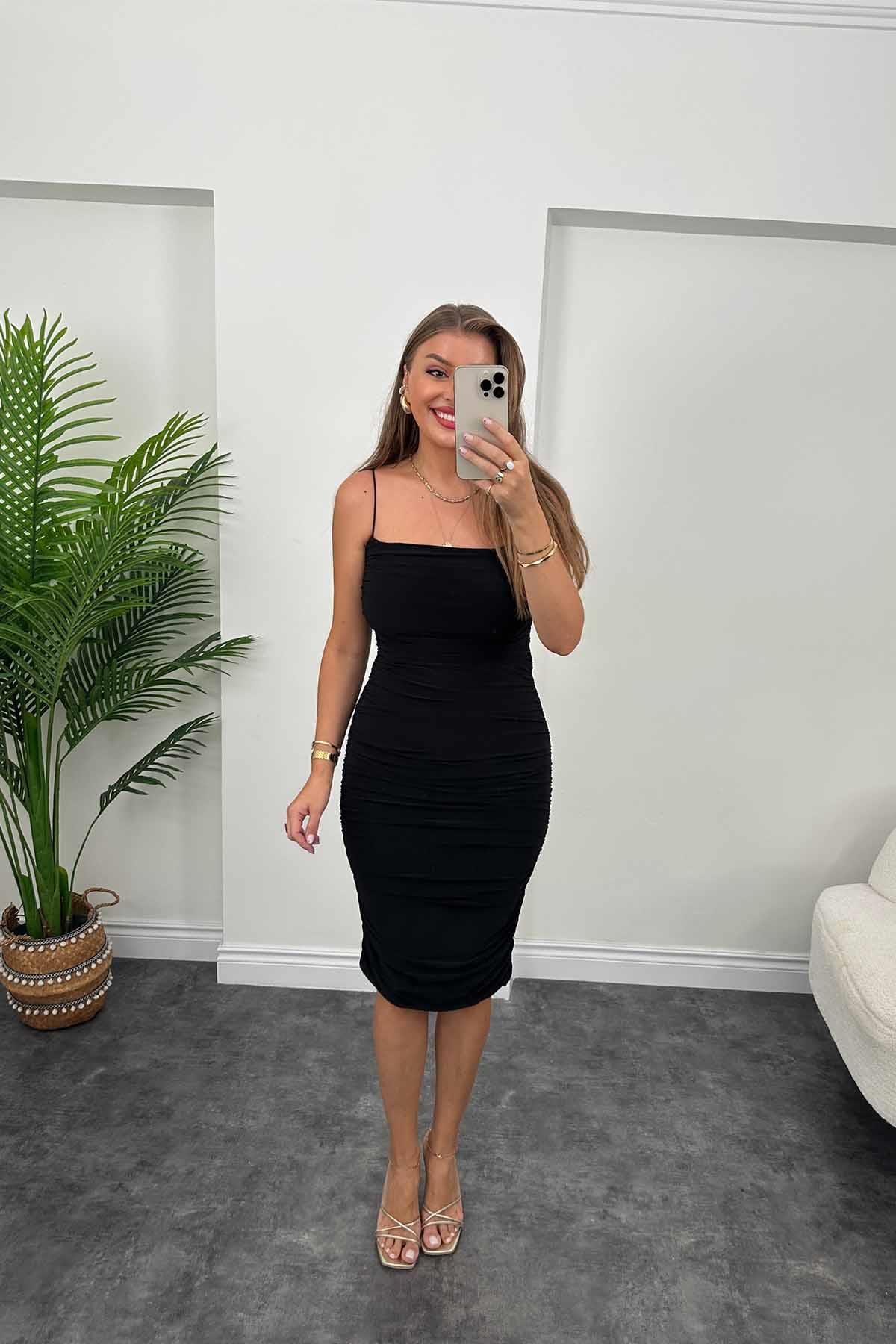 Zra Model Drapeli Likralı Kalem Elbise Siyah 