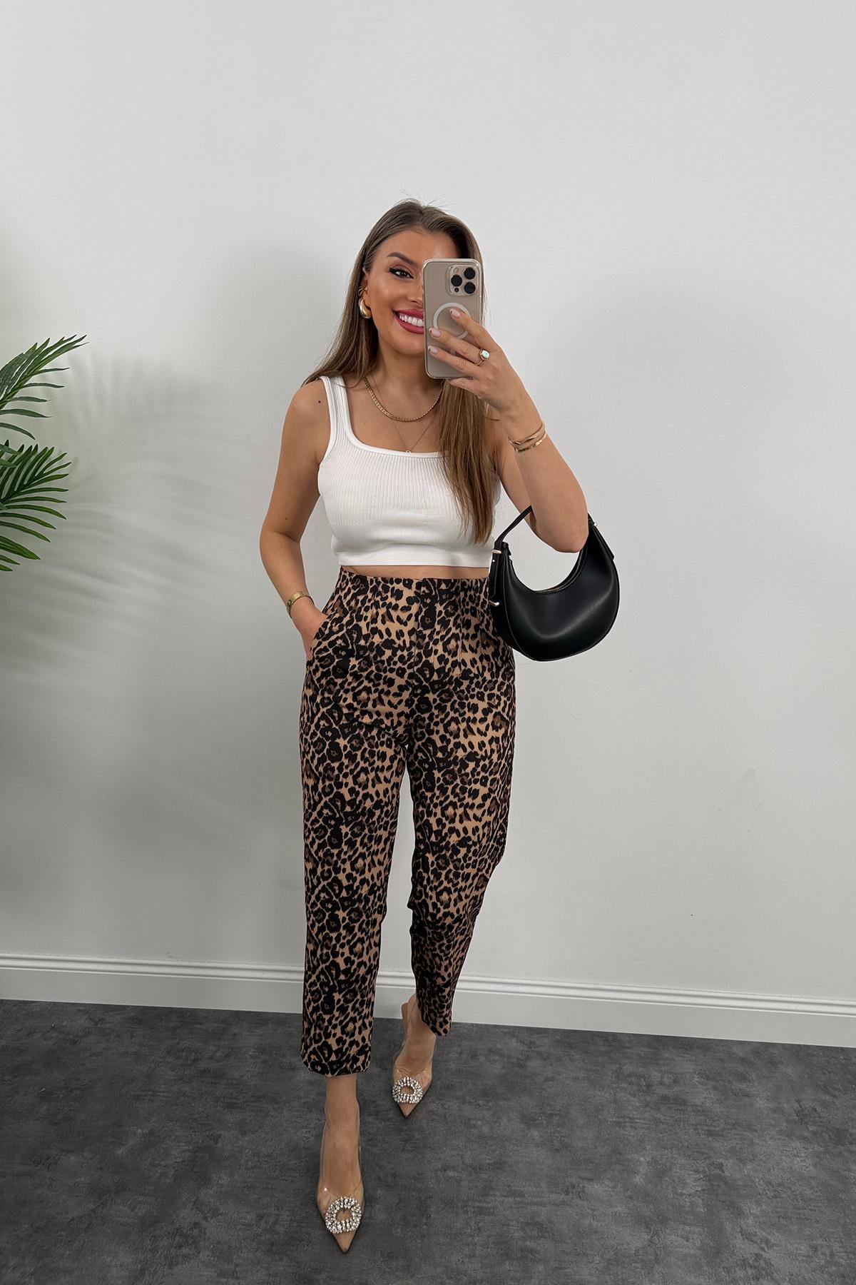 Zra Model Flatolu Leopar Desen Kumaş Pantolon