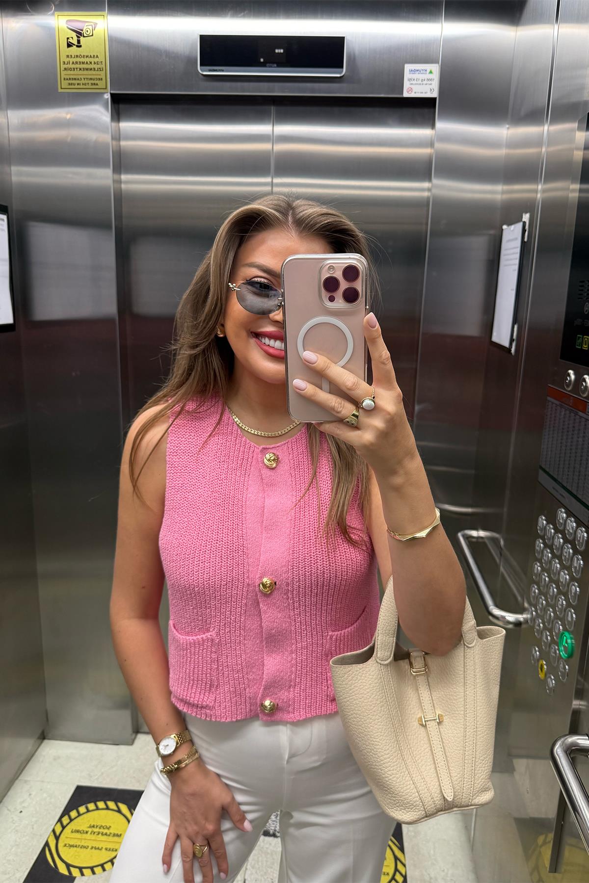 Zra Model Gold Düğme Elit Triko Yelek Pembe