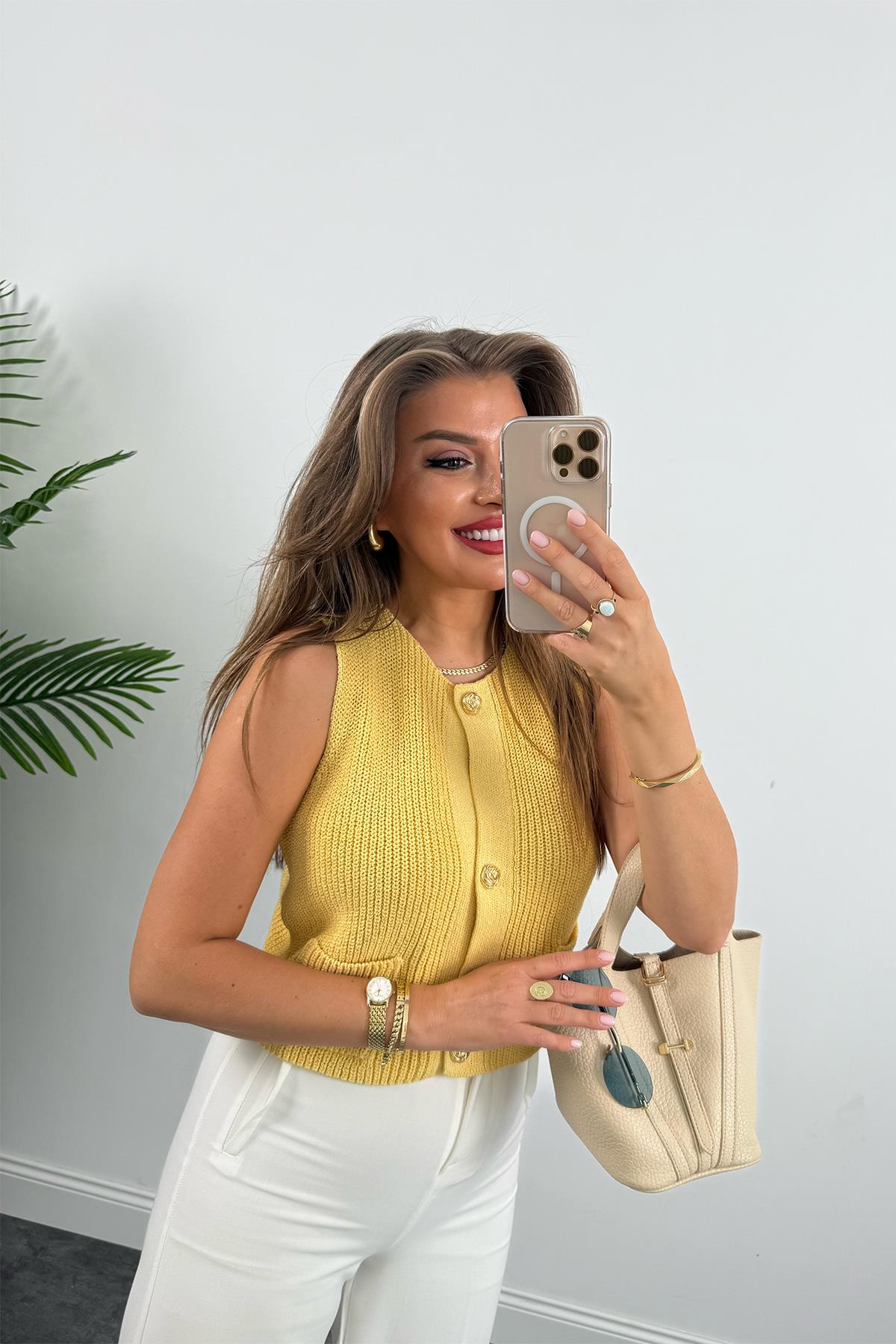Zra Model Gold Düğme Elit Triko Yelek Sarı