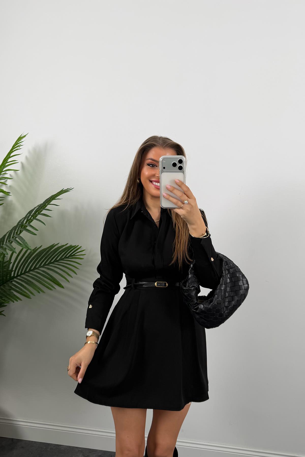 Zra Model Kemerli Kloş Gömlek Elbise Siyah