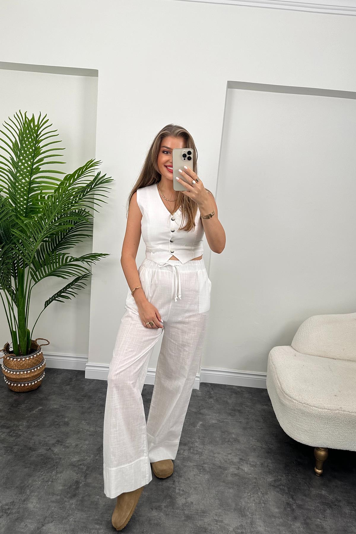 Zra Model Keten Yelek Palazzo Takım