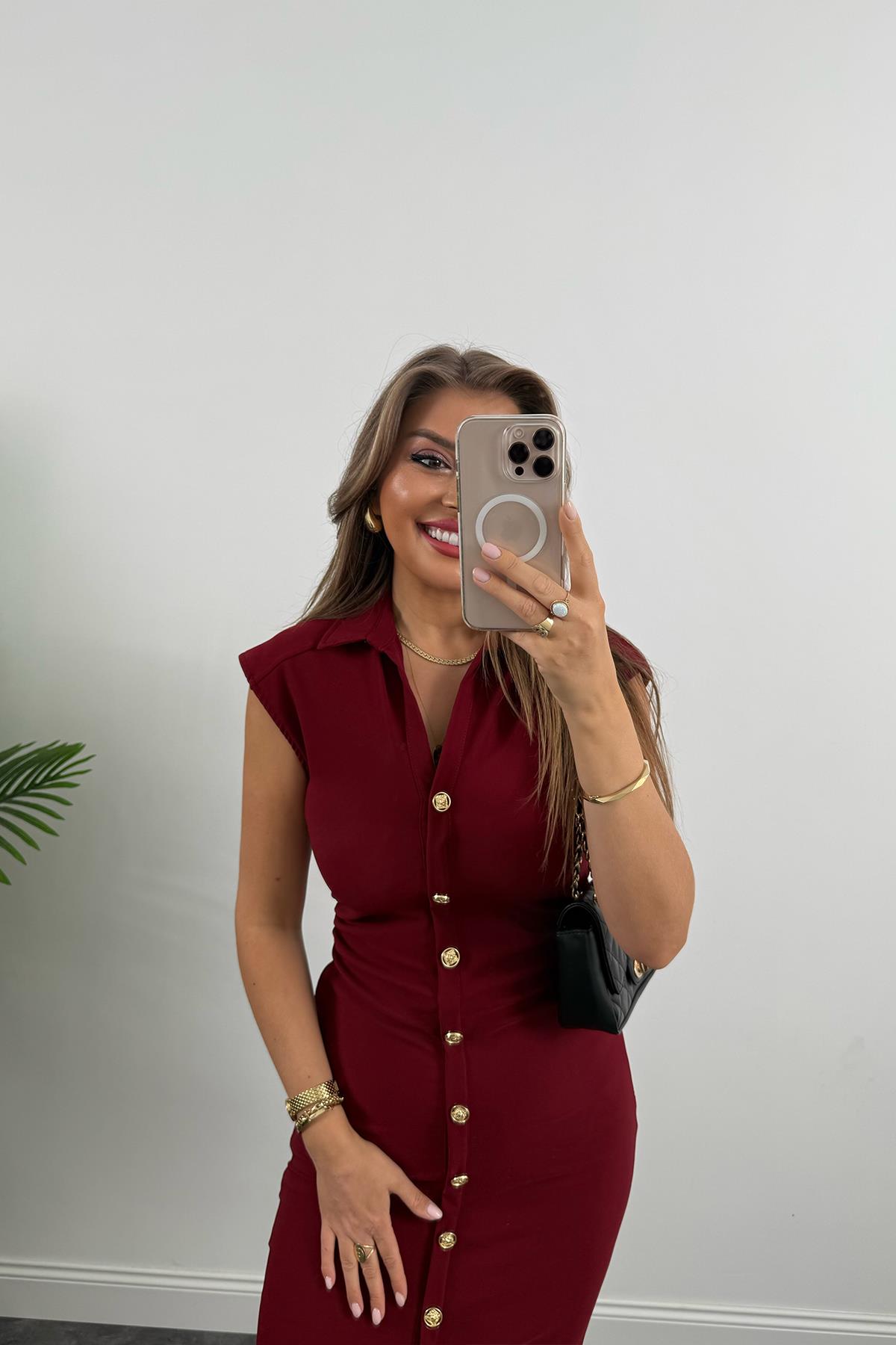 Zra Model Likralı Drapeli Midi Boy Gold Düğme Elbise Bordo