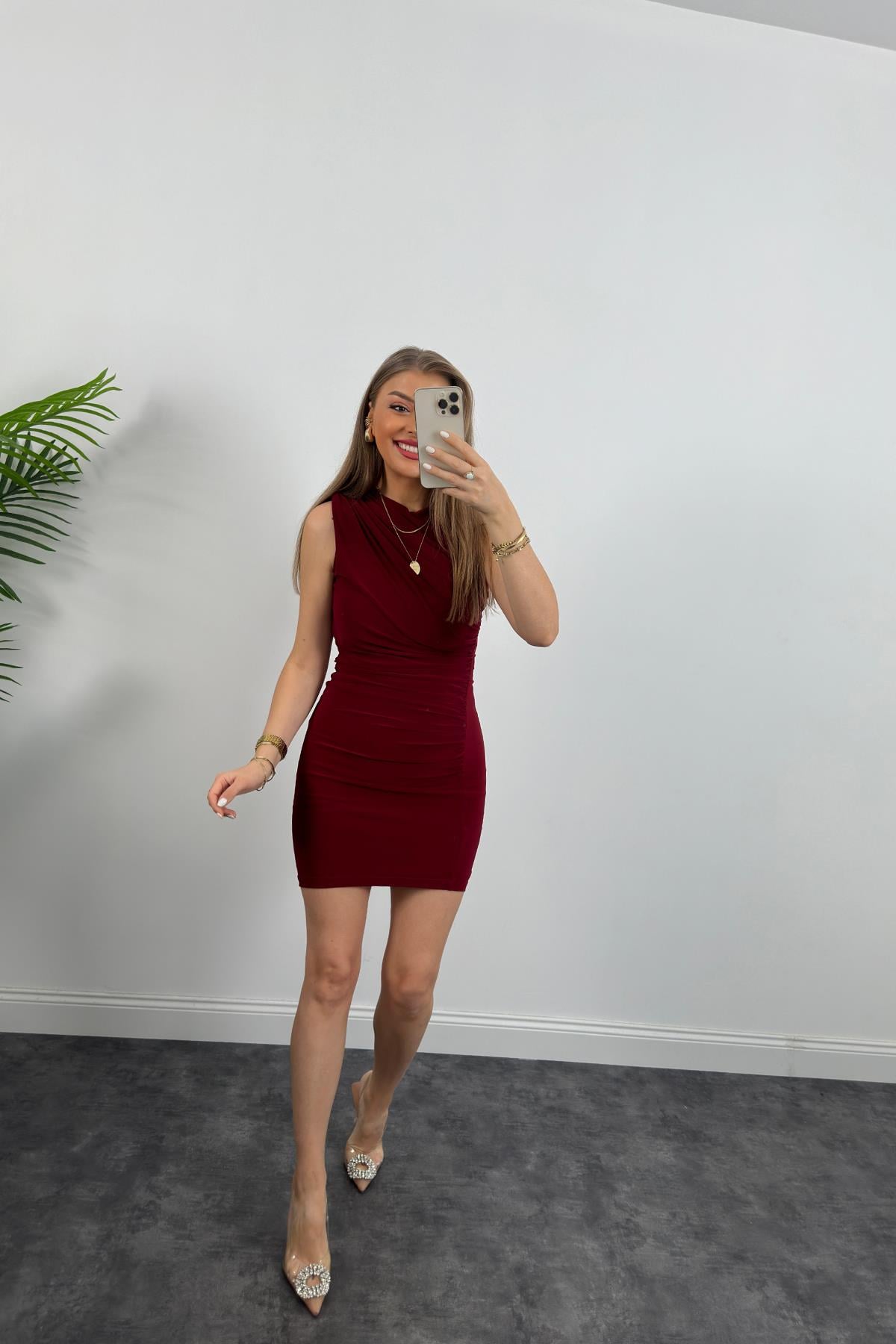 Zra Model Likralı Drapeli Sandy Kısa Elbise Bordo