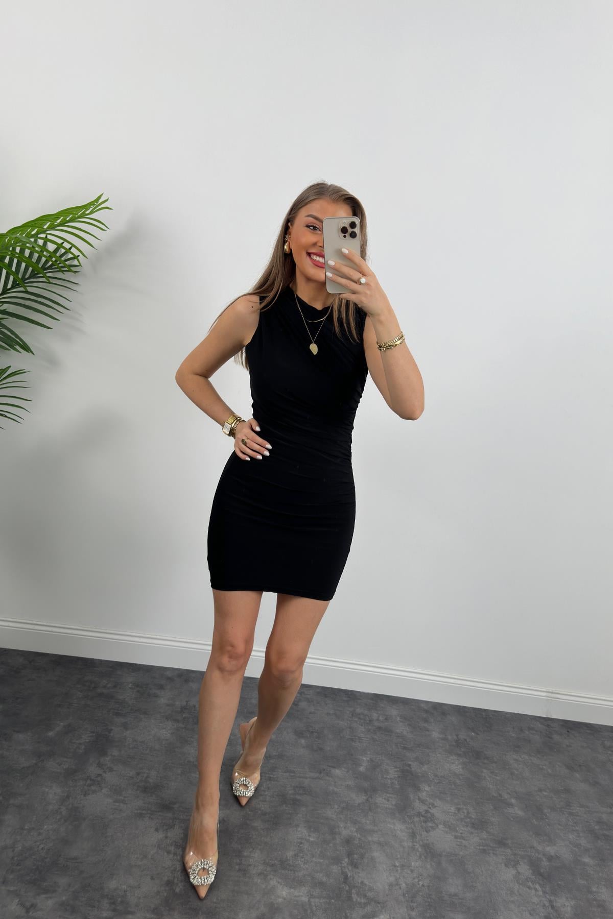 Zra Model Likralı Drapeli Sandy Kısa Elbise Siyah