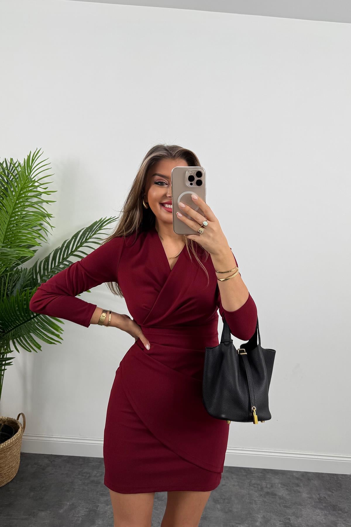 Zra Model Likralı Kruvaze Krep Elbise Bordo