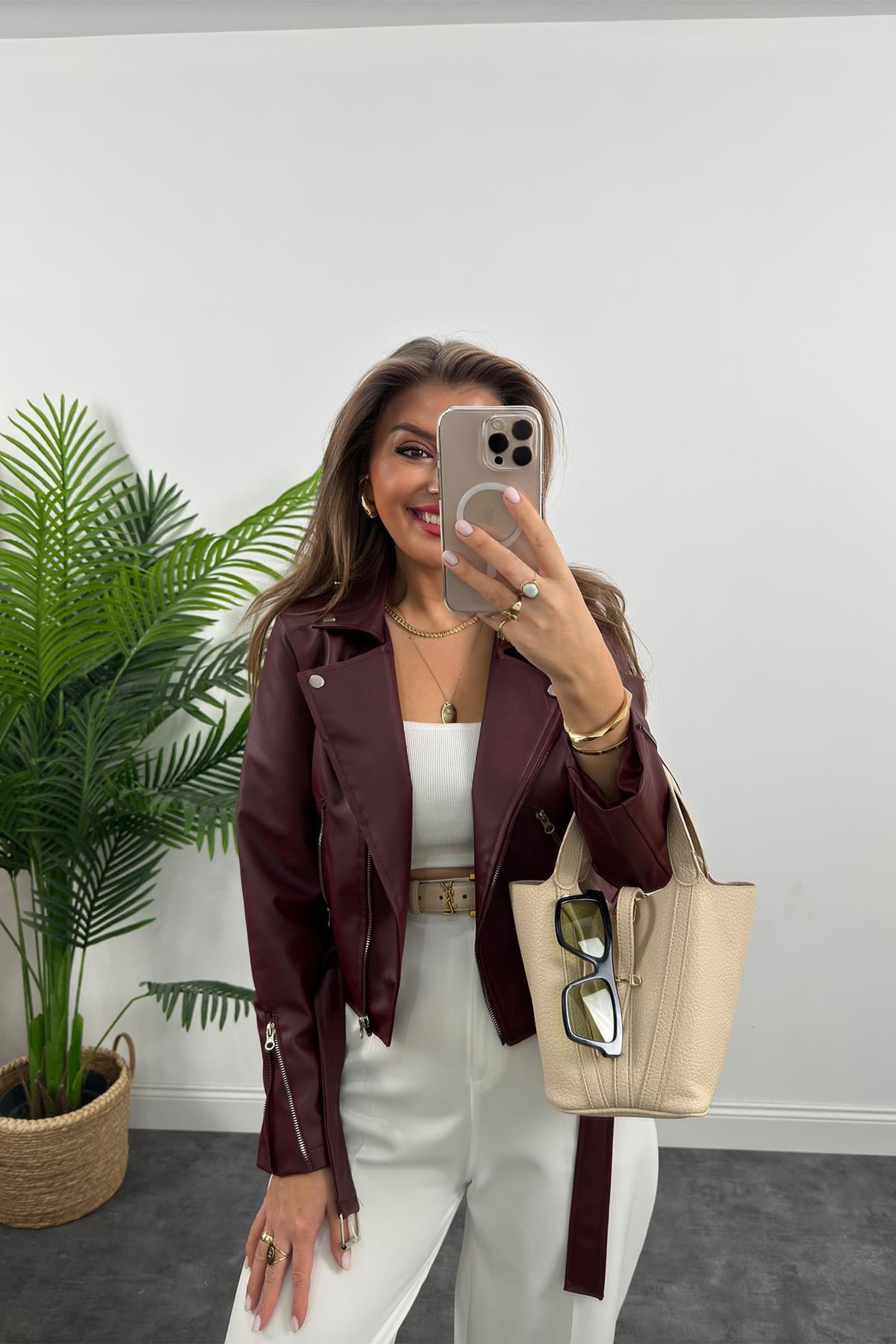 Zra Model Vegan Deri Biker Ceket Bordo