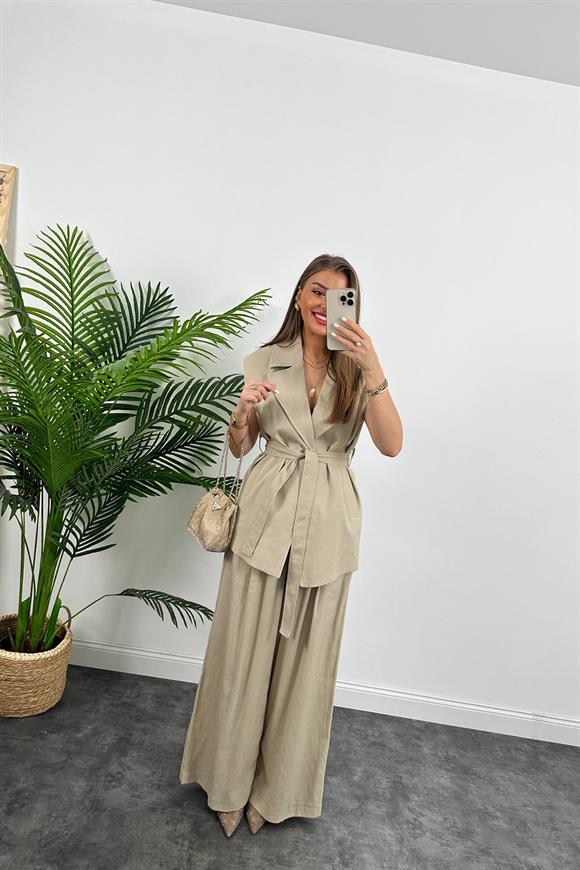 1. Sınıf Kalite Keten Kumaş Yelek Palazzo Pantolon Takım Taş