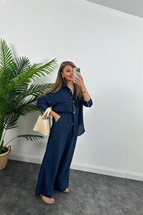 1. Sınıf Kalite Oysh Model %100 Keten Palazzo Gömlek Takım Lacivert 