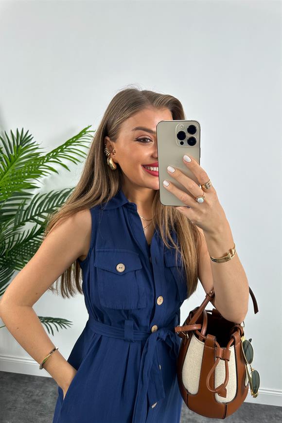 1. Sınıf Kalite Tok Keten Ahşap Düğmeli Midi Boy Elbise Lacivert