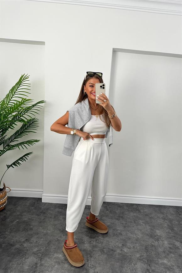 1. Sınıf Kalite Oysh Kumaş Beli Lastikli Harem Pantolon Ekru 