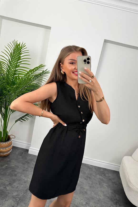 1. Sınıf Kalite Beli Lastikli Sıfır Kol Keten Elbise Siyah