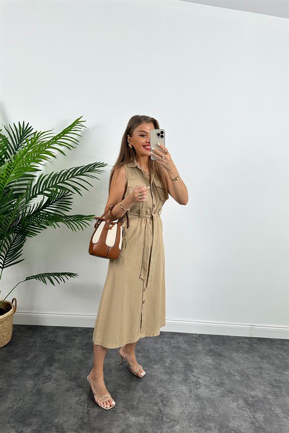 1. Sınıf Kalite Tok Keten Ahşap Düğmeli Midi Boy Elbise Bej