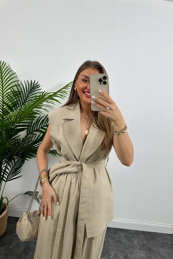 1. Sınıf Kalite Keten Kumaş Yelek Palazzo Pantolon Takım Taş