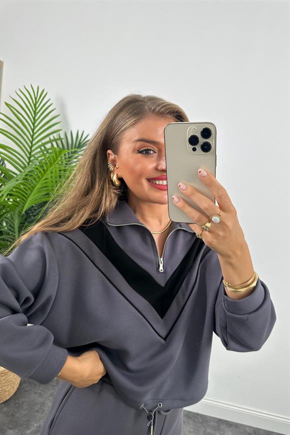 Fermuarlı Şeritli 1. Sınıf Kalite Oysh Model Modal  Kumaş Takım Antrasit