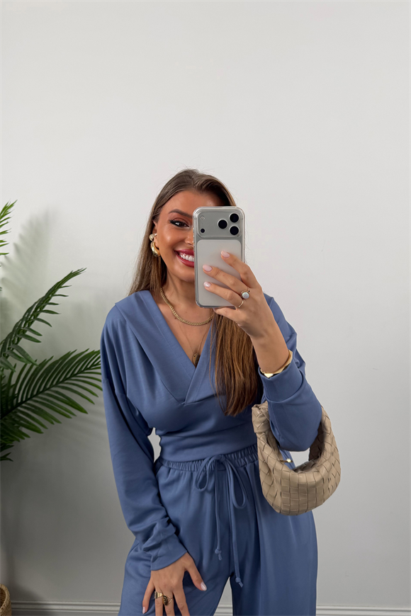 1. Sınıf Kalite İthal Modal Kumaş Kapüşonlu Harem Takım İndigo